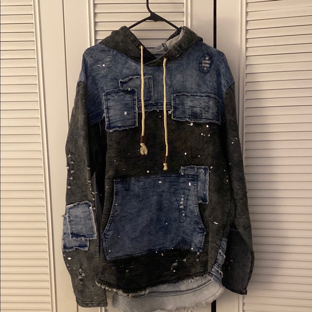 Distressed Denim Patchwork Hoodie